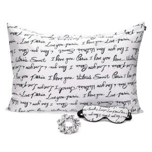 VICTORIA'S SECRET Satin Pillow Case Eye Mask Scrunchie Set Script New